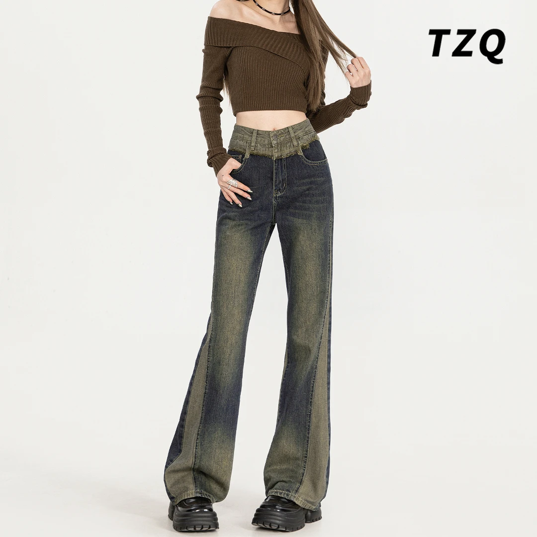 设计感小众拼接复古蓝喇叭牛仔裤女拼接美式撞色微喇裤子TZQ82813