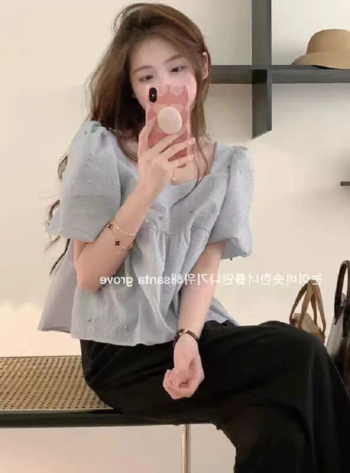 1356/温柔风设计感方领短袖衬衫(衣长约50