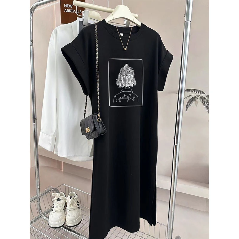 2025夏季圆领短袖t恤裙女韩版宽松休闲大码小飞袖连衣裙开叉长裙