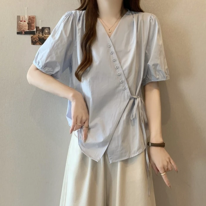 大码设计感系带V领短袖衬衫女夏季胖MM宽松显瘦百搭洋气收腰上衣