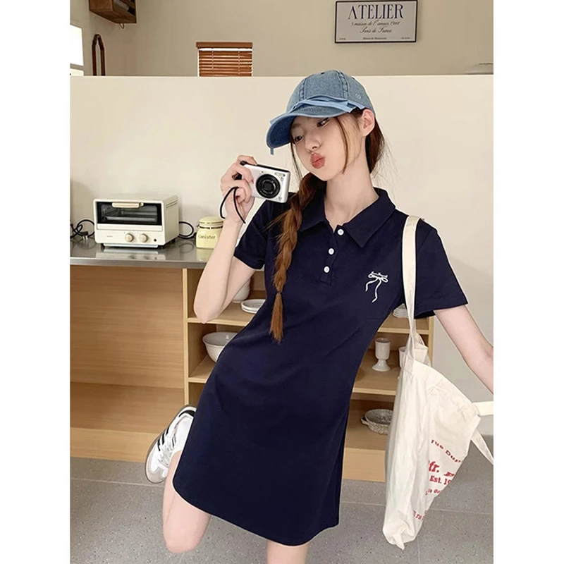 学院风蝴蝶结刺绣polo领连衣裙女夏季新款设计感小众收腰显瘦裙子