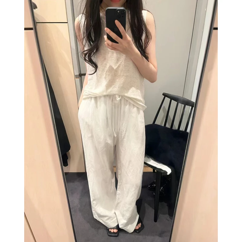 春夏新款松紧腰系带设计舒适亚麻直筒