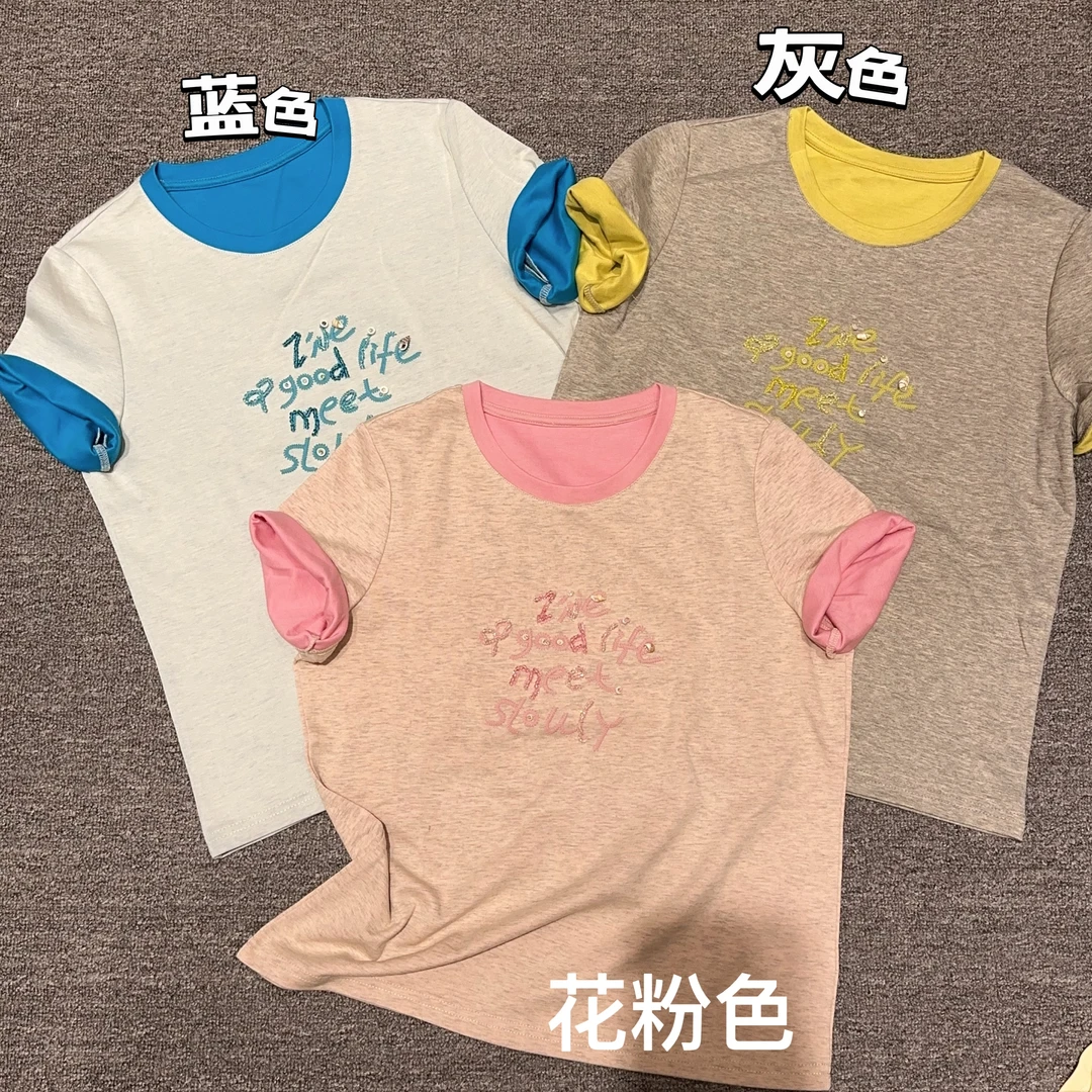 【YA JUN JIA】多款T圆领字母刺绣短袖T恤时尚撞色百搭休闲上衣春夏