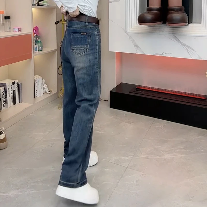 蓝色窄版直筒阔腿牛仔裤女2025秋季梨形身材大码高腰遮肉显瘦长裤