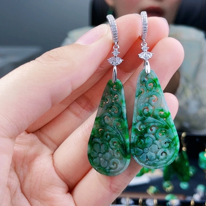翡翠耳饰银S925镶嵌饰品