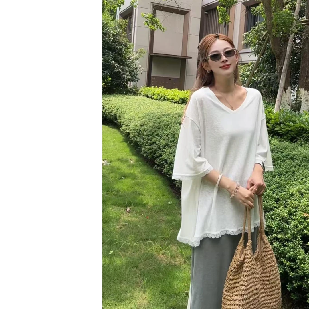 墨迹姐高个子微胖“V领蕾丝花边”光板纯色宽松慵懒大版T恤女