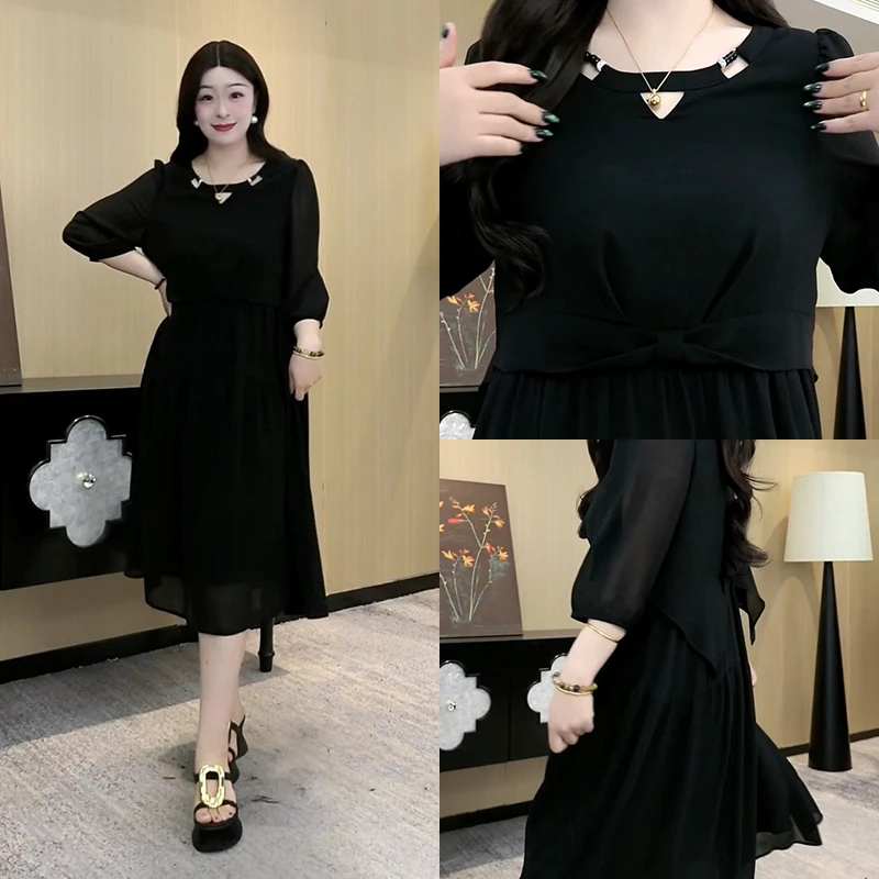 胖大盈大码女装气质连衣裙2025早秋新款黑色显瘦假两件裙子ZB7711