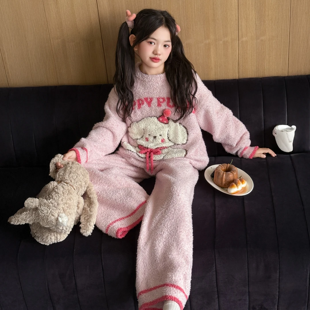 女童甜美家居服套装韩版公主风女童卡通风长袖保暖半边绒保暖睡衣