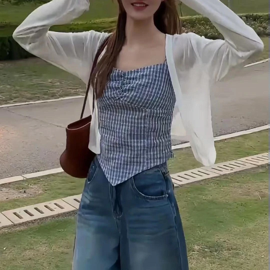 秋季新款韩版开衫 + 格子吊带时尚两件套防晒开衫女秋天穿搭