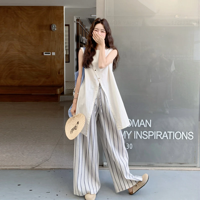 不规则无袖开叉上衣条纹阔腿裤2025夏季新款松弛感韩系ins风套装
