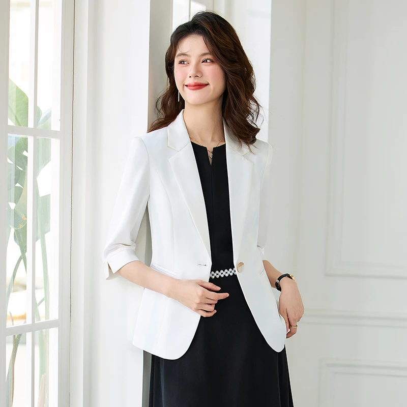 夏季七分袖通勤职业西装外套女面试销售气质纯色收腰西服工装薄款
