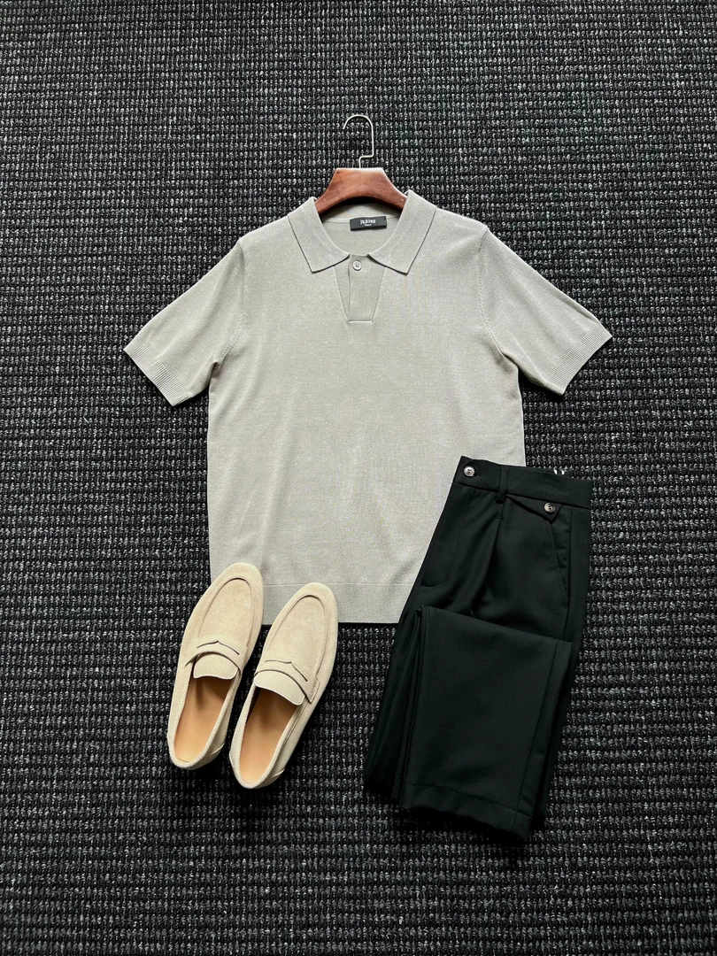 夏季高定老钱风polo衫海鸥领针织POLO衫男士百搭V领轻奢痞帅男装