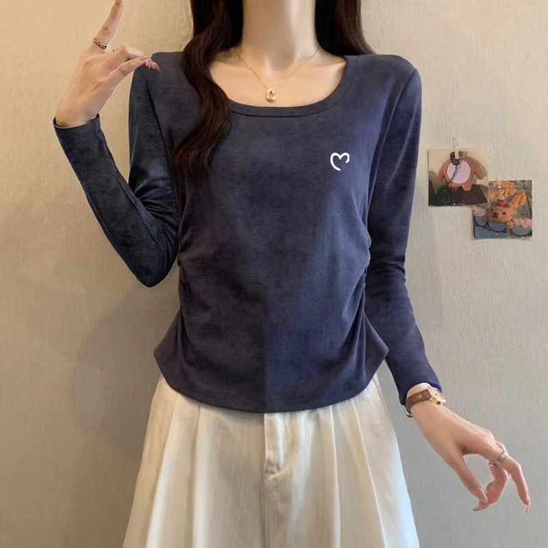 秋季方领纯棉扎染正肩长袖t恤女收腰辣妹风短款U领打底衫内搭上衣