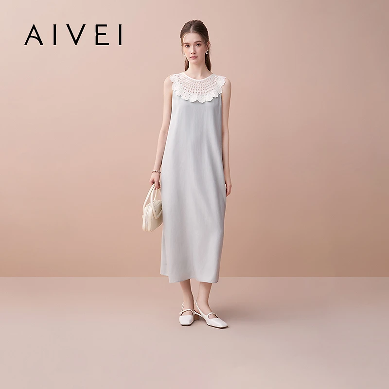 AIVEI欣贺艾薇2025夏季新法式松弛感蕾丝拼接无袖连衣裙S724501A