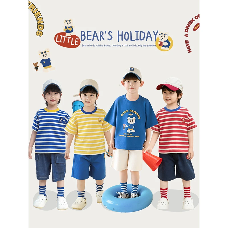 YOEHYAUL/幼悠夏五波下【顽皮小熊】男童 贴布绣标撞色领圈T恤N6247