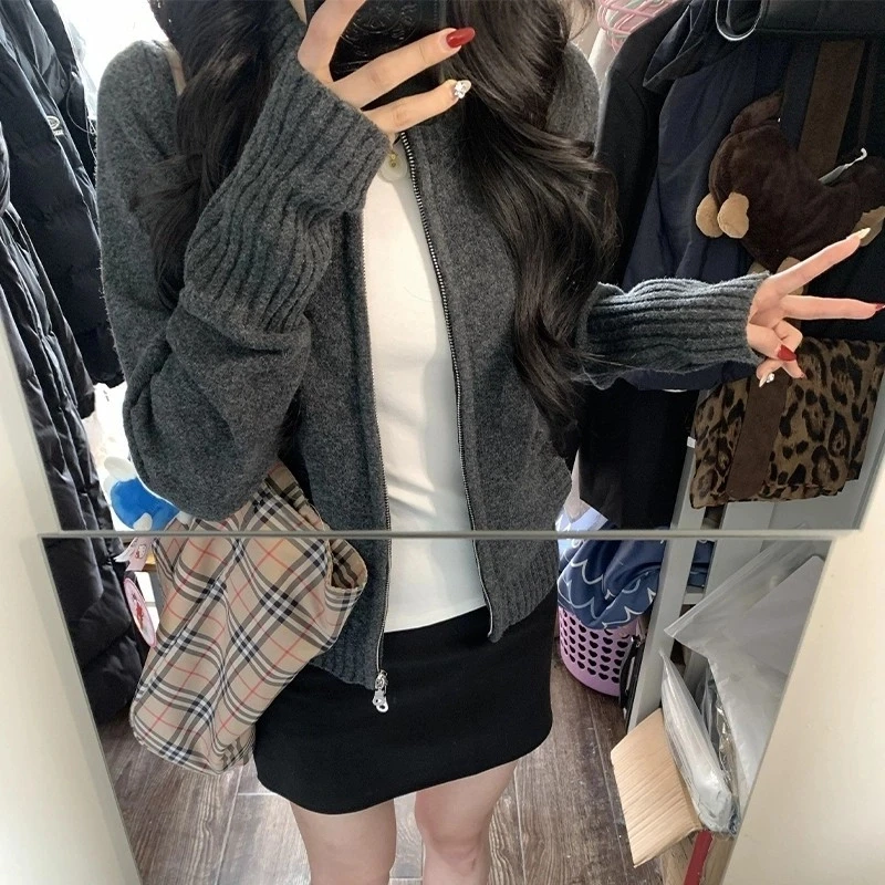美式复古双拉链针织开衫外套女修身显瘦高级感秋冬2025新款上衣