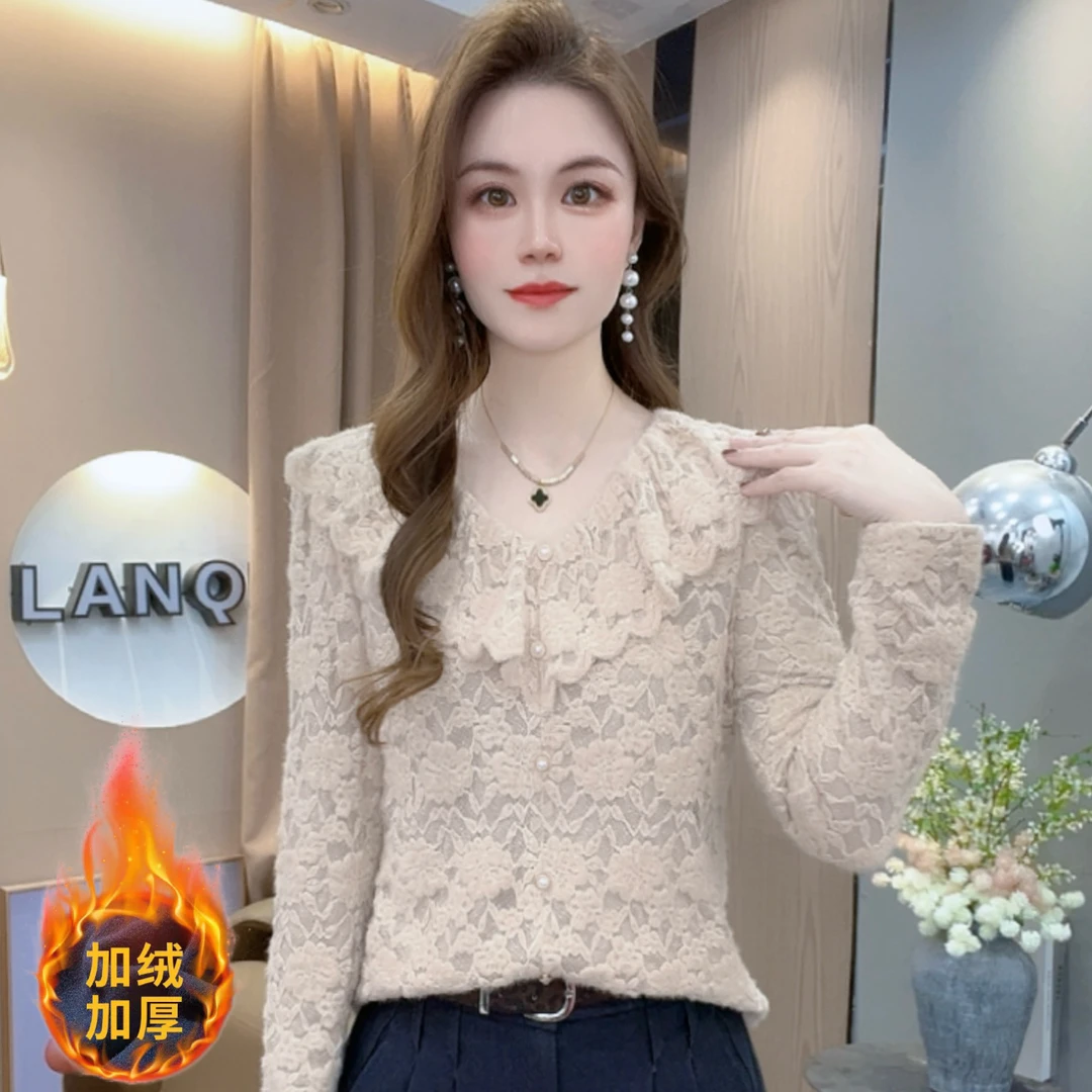 A9296时尚磨毛蕾丝打底衫冬季新款百搭修身显瘦减龄遮肉上衣