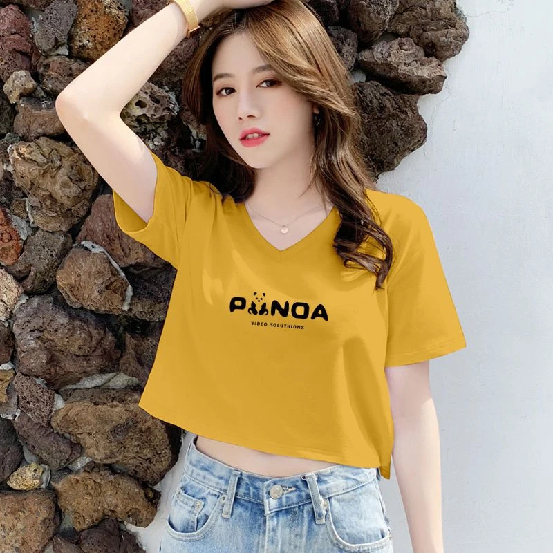 多巴胺2025夏季新款高腰短款女正肩露脐宽松短袖短装ins潮v领半袖