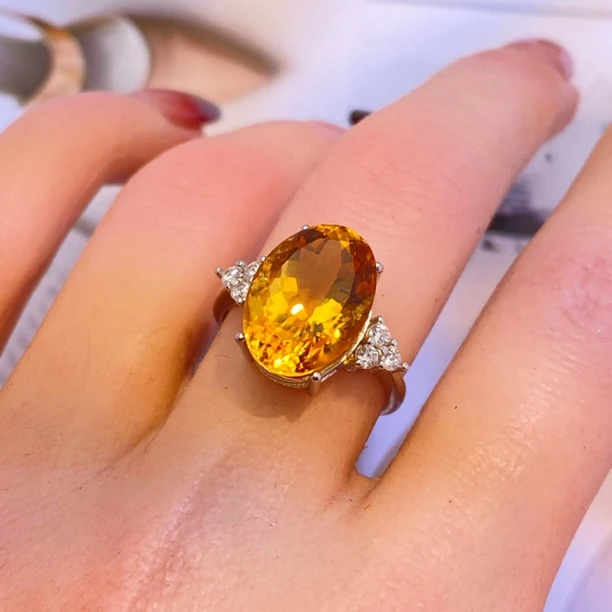 天然黄水晶戒指S925银镶嵌女可调节