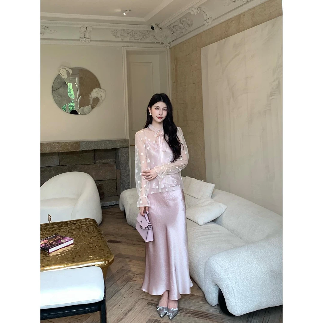 粉色醋酸缎面半身裙女夏季鱼尾裙气质长裙子新款