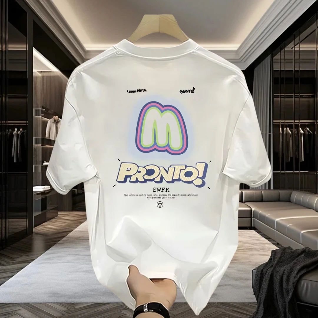 2025夏季新款潮流宽松休闲百搭圆领印花图案白色短袖T恤男士ins