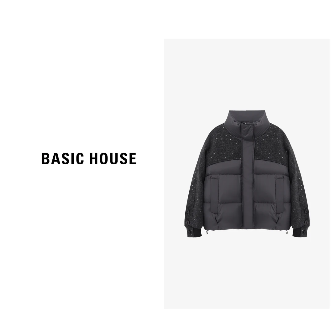 Basic House/百家好冬季新款时髦亮片拼接面料羽绒服-B06245C3602