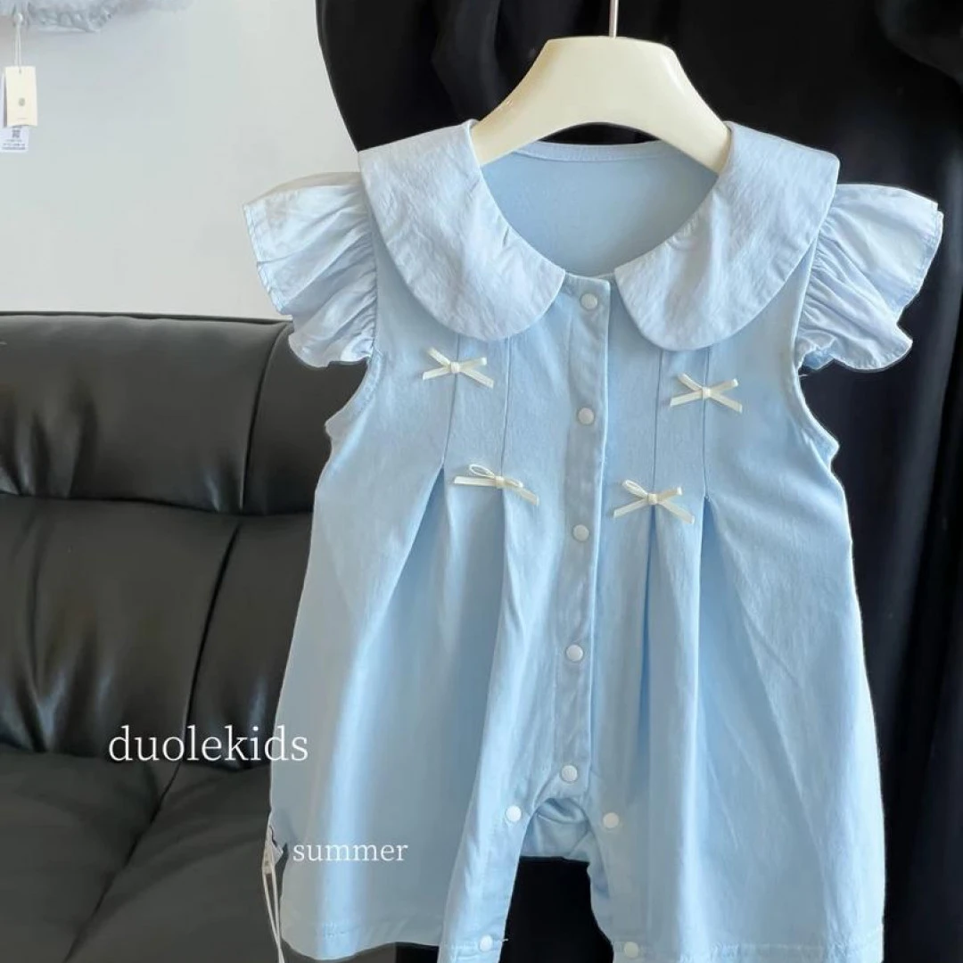 【MM】夏季女飞袖A类短袖中开爬服哈衣夏款韩版甜美ol牛仔蓝色1