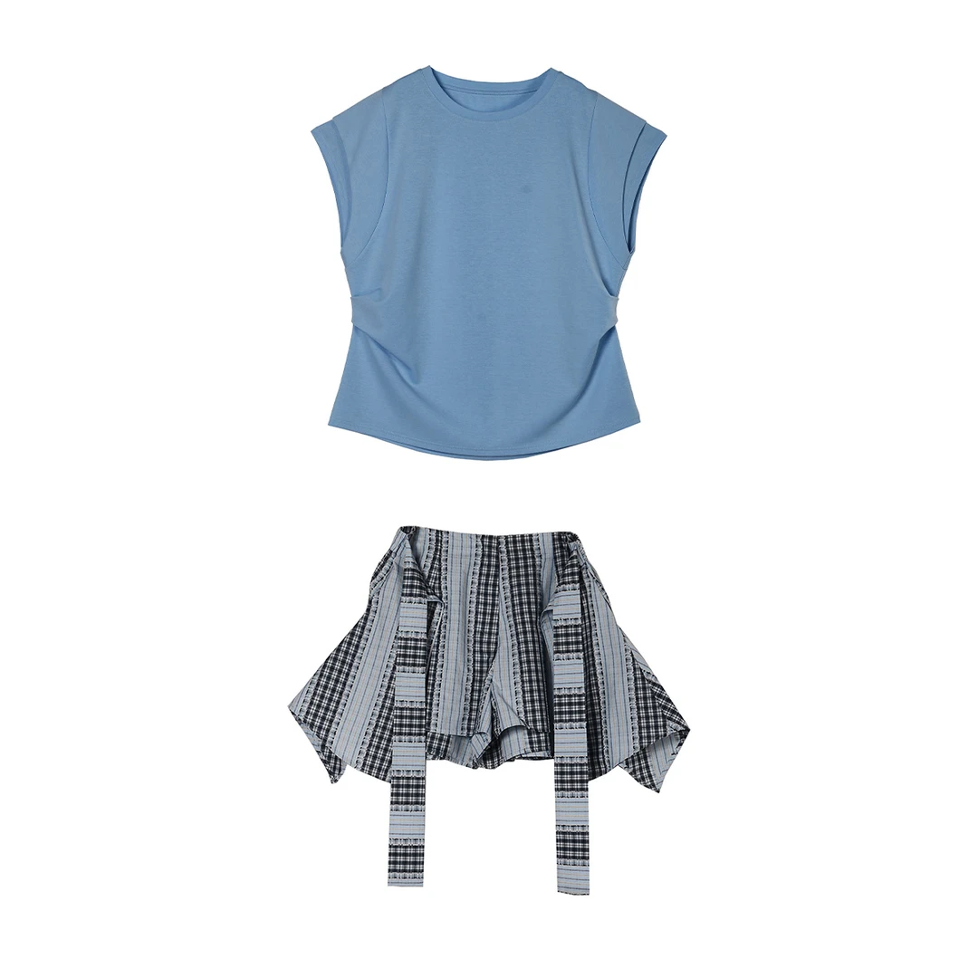 VICOCIAGA大码女装胖蓝色运动时尚减龄衬衫裙套装(WT033)