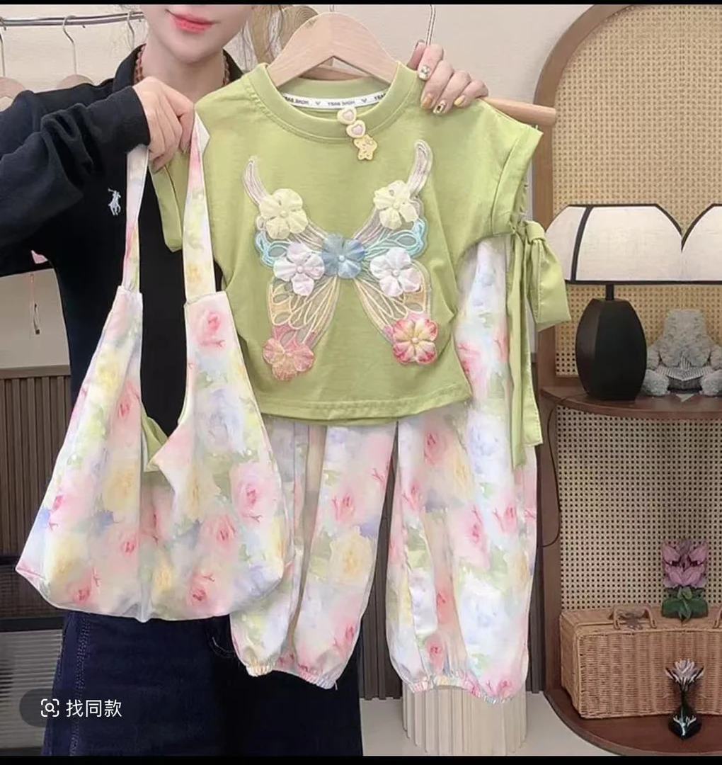 女童春季2025新款亲子装洋气夏季薄款立体蝴蝶短袖休闲俩件套