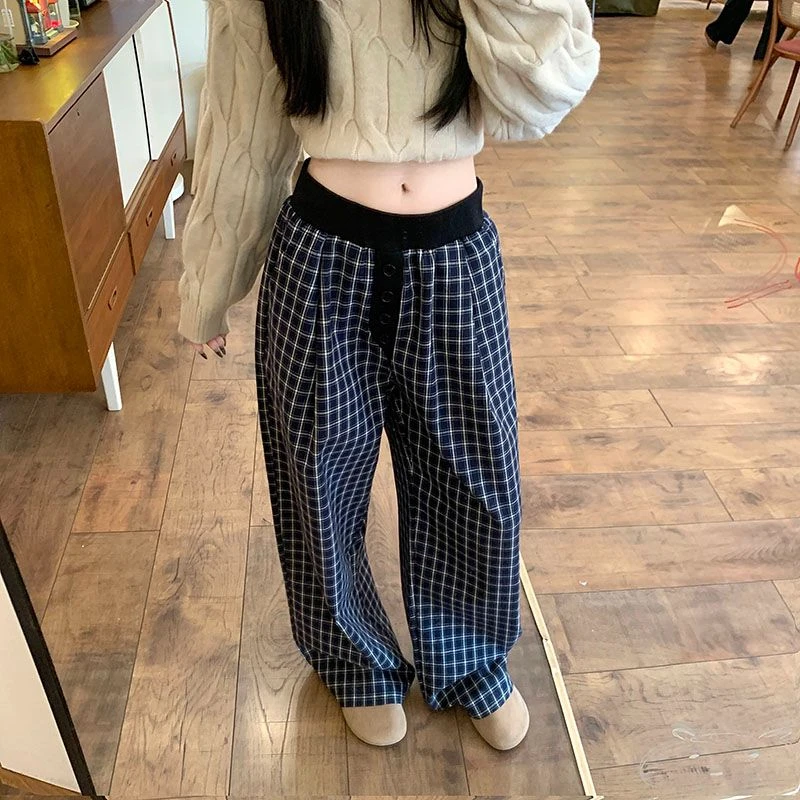 大码胖MM美式复古格子春秋显瘦阔腿裤宽松裤子垂感直筒拖地休闲裤