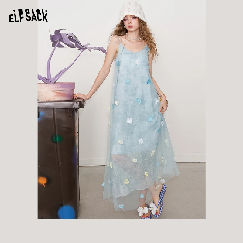 妖精的口袋立体花朵薄纱吊带连衣裙女2025夏新款度假风显瘦长裙子