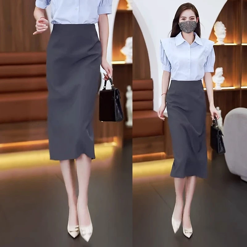 拉夏贝尔西装裙半身裙长款垂感高腰包臀裙女2025夏新款直筒止步裙