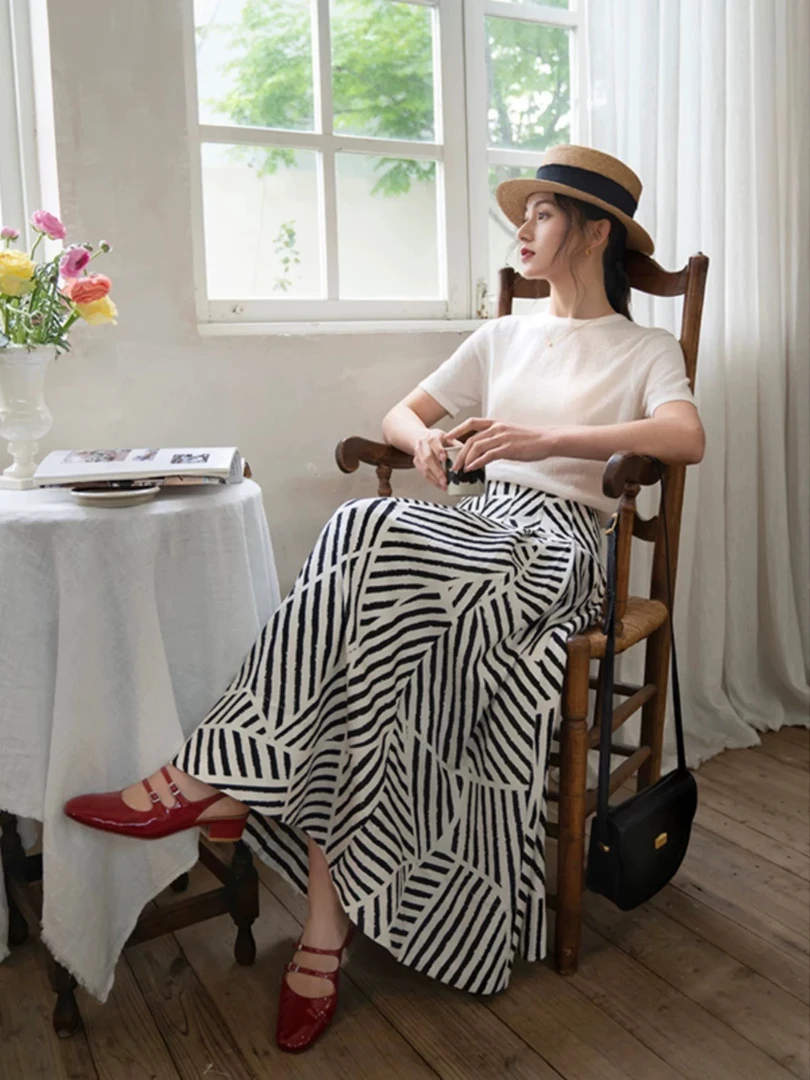 2025春夏新款百搭碎花松紧腰半身裙妈妈装高腰大码中长款大摆裙女