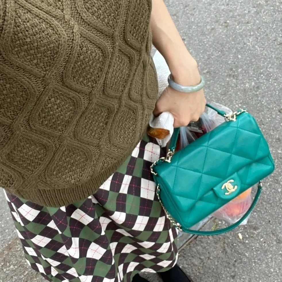 95新 Chanel/香奈儿 5750 绿色金扣cf手提斜挎包小号19