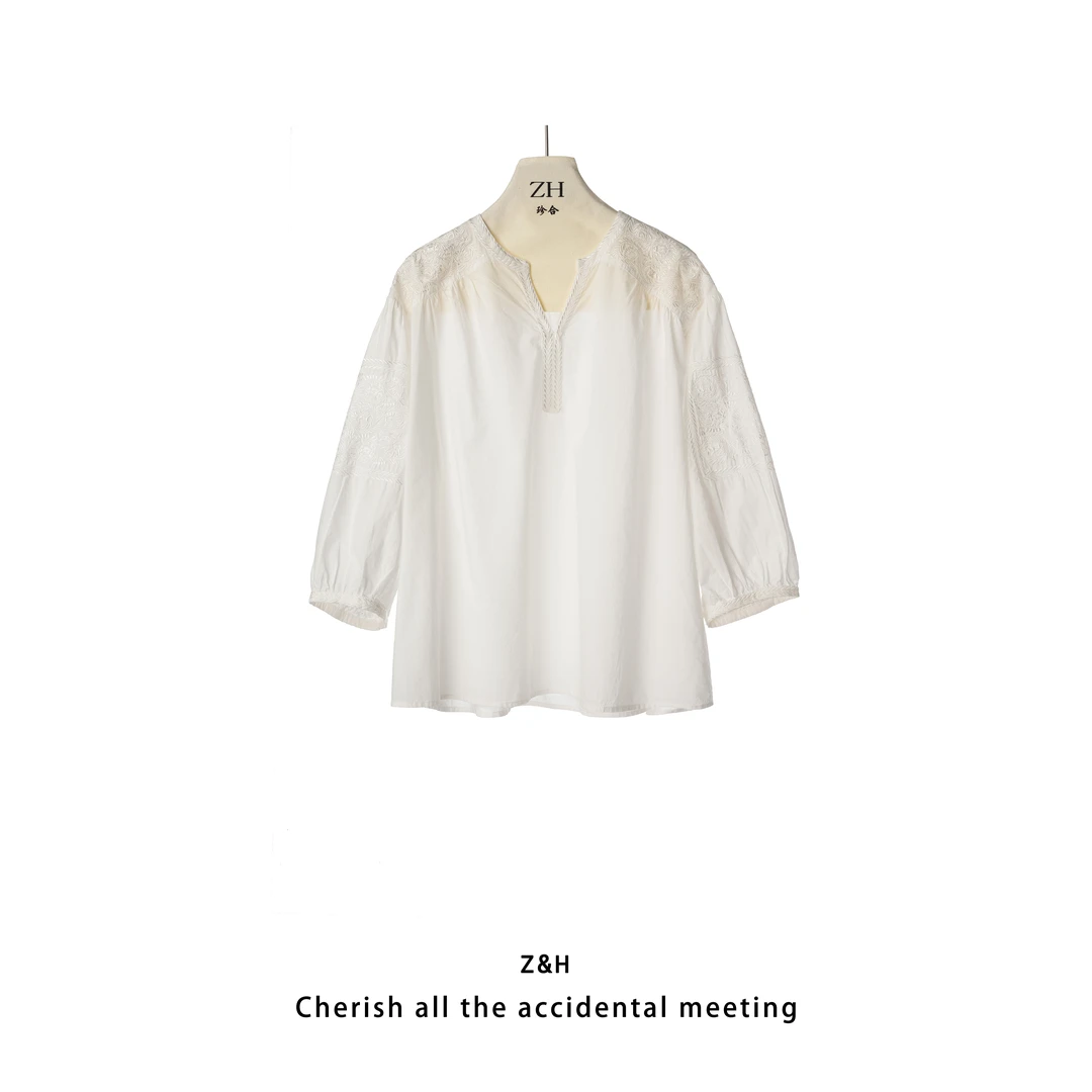 ZH【北极盛夏】纯色简约款衬衫女法式v领小众设计