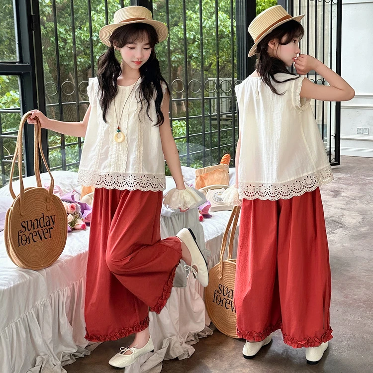 女童夏装背心套装新款女孩韩系洋气潮薄款儿童娃娃衫阔腿裤两件套