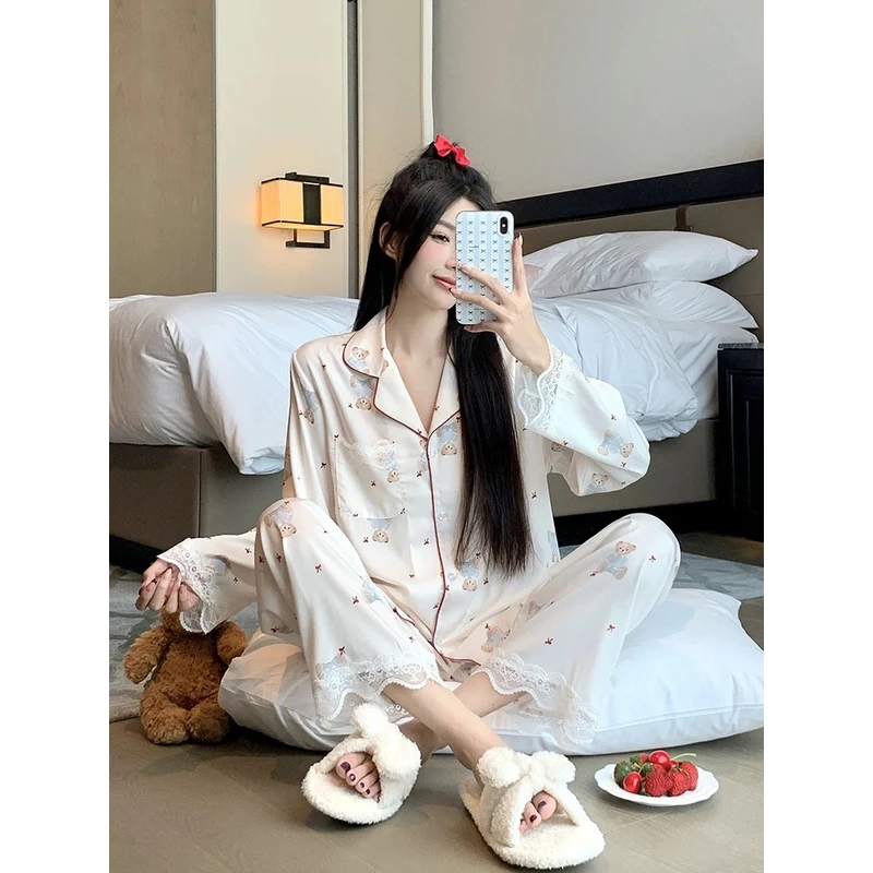 蝴蝶结蕾丝小熊睡衣女套装春秋高级气质可爱冰丝滑柔顺家居服外穿