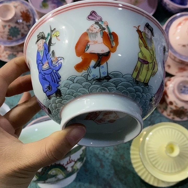 摆件陶5寸绿稀土八仙过海碗