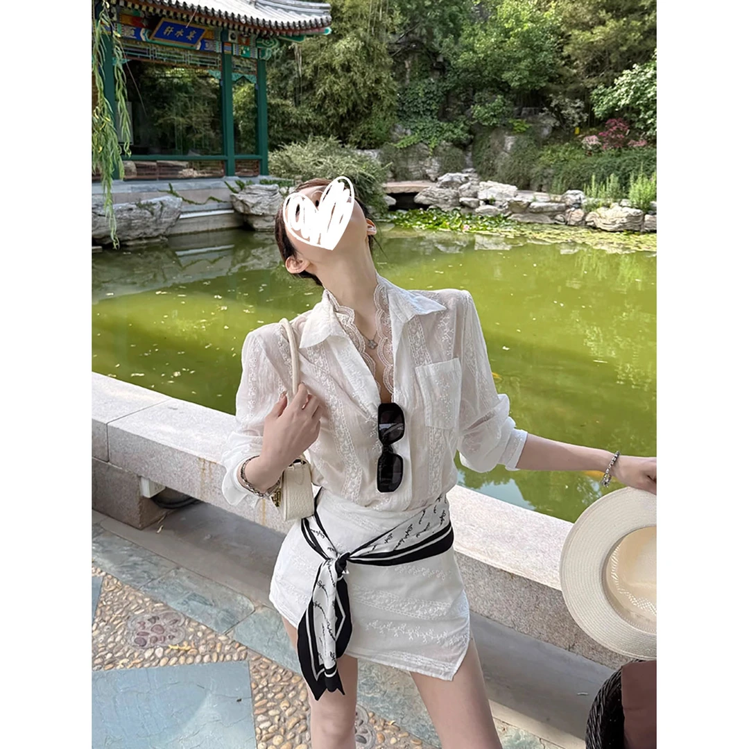 法式蕾丝提花设计感防晒衬衫半身裙两件套女夏季新款时尚气质套装