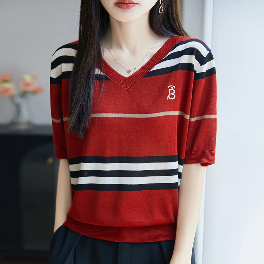 高端胖mm大码夏装冰丝针织衫女士短袖t恤宽松遮肚子巨显瘦v领上衣