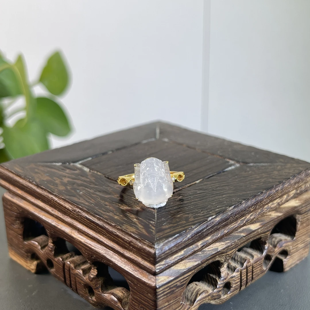 JYB03-153  天然缅甸翡翠A货 18K含钻镶嵌貔貅戒指14#