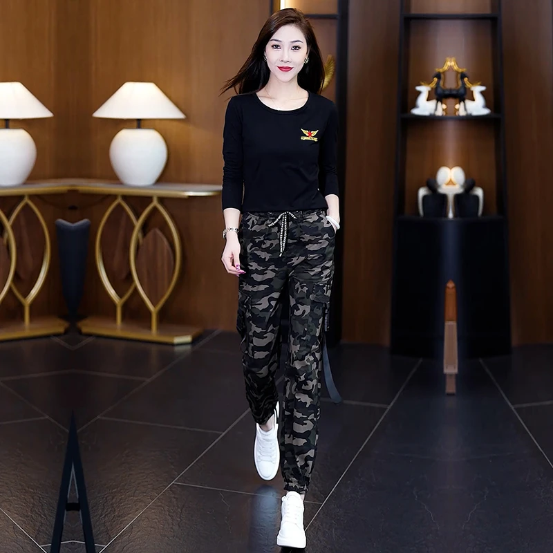 迷彩服休闲运动套装圆领减龄束脚长袖春夏秋季大码水兵舞服两件套