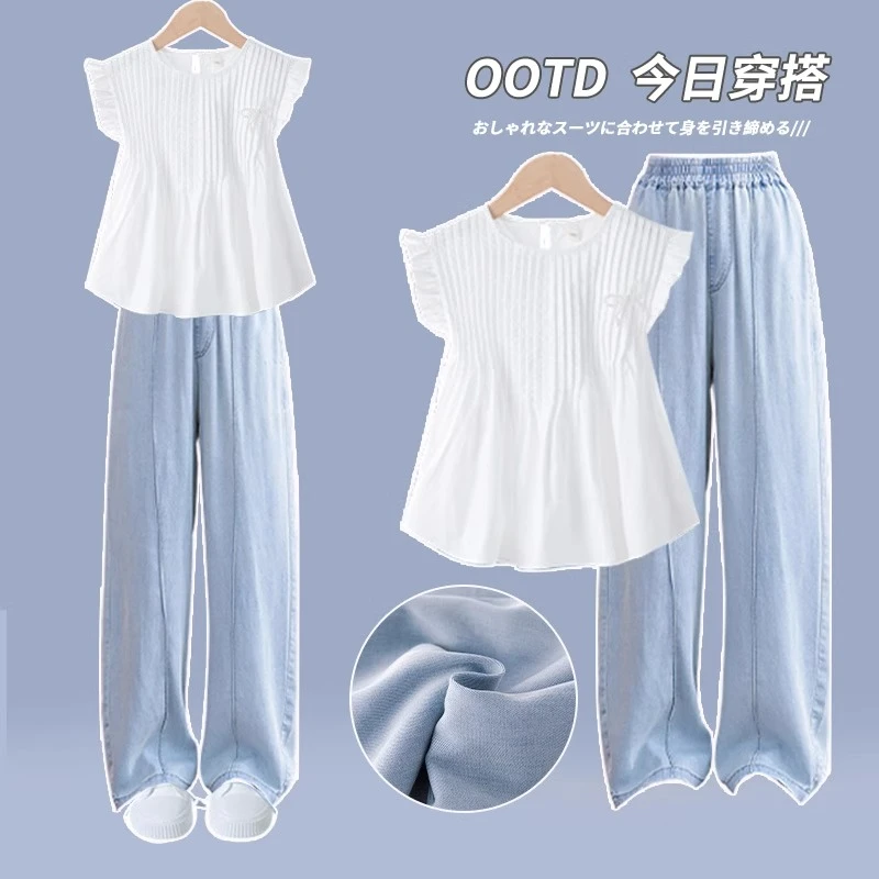 女童夏季套装2025多巴胺穿搭网红炸街夏装大童短袖天丝牛仔两件套