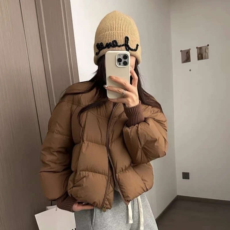 姿姐 美拉德系棒球领棉服女短款2025冬季螺纹针织面包服棉服【502】