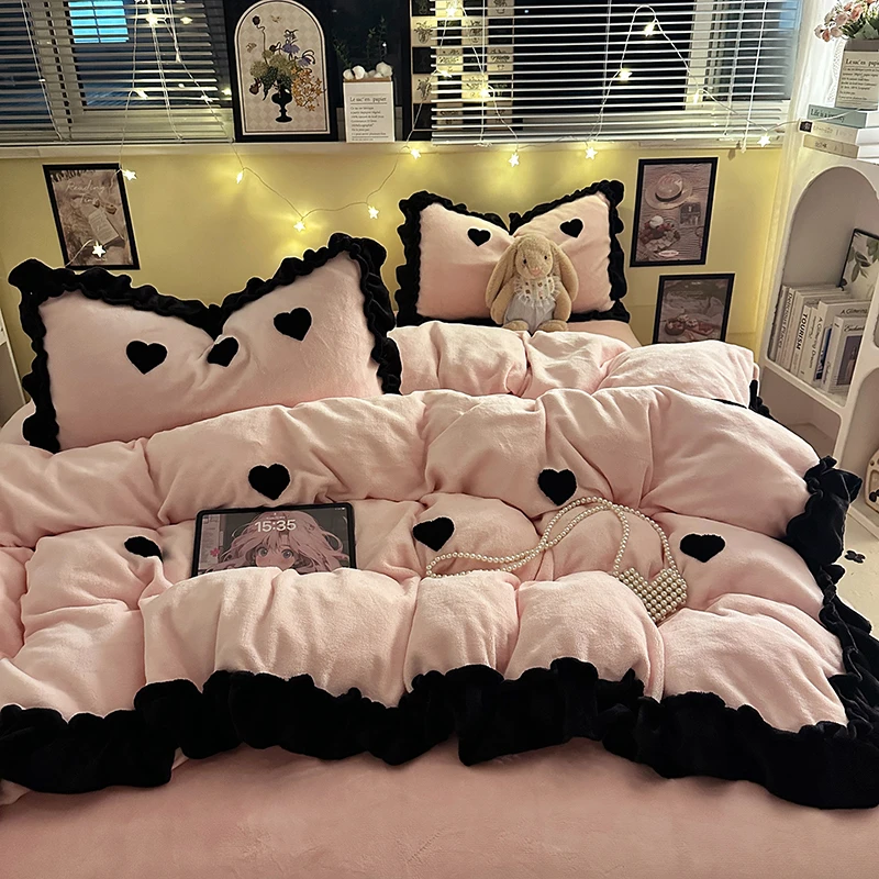 冬季少女加厚牛奶绒四件套公主风双面毛绒珊瑚绒花边被套罩三件套