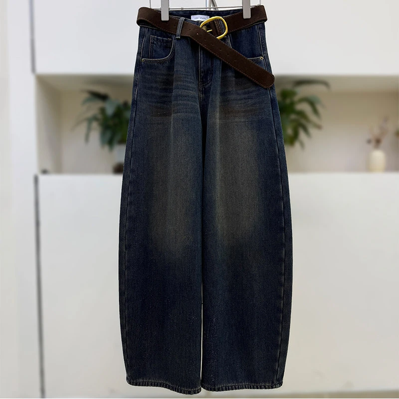 打扮时刻女装加绒弯刀牛仔裤女秋冬2026新款潮宽松镰刀香蕉阔腿裤