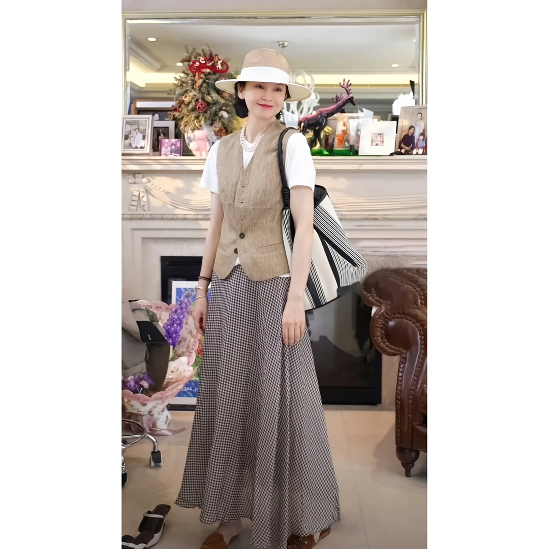 我是摩羯 老钱风马甲 100亚麻V领可调节腰袢秋时尚优雅外套