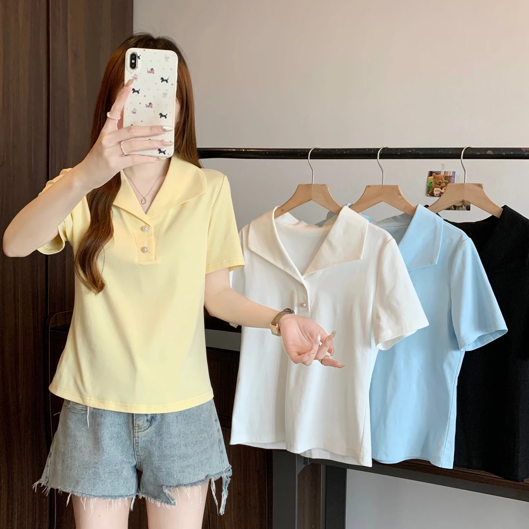 翻领洋气显瘦短袖insT恤纯色简约2025年夏装新款甜美可爱风格衣服