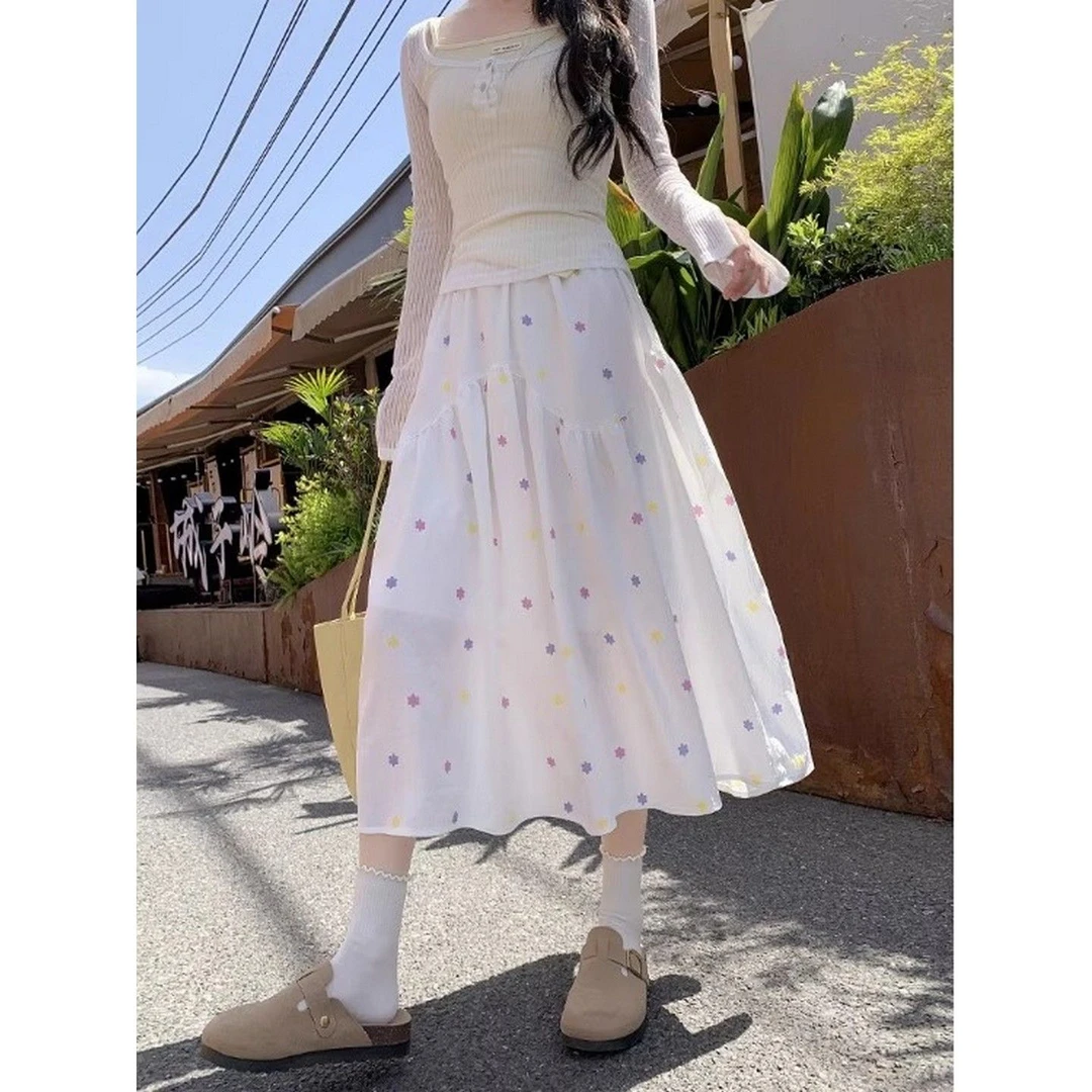 韩系温柔白色刺绣碎花半身裙子女夏季2025新款小个子a字伞裙长裙