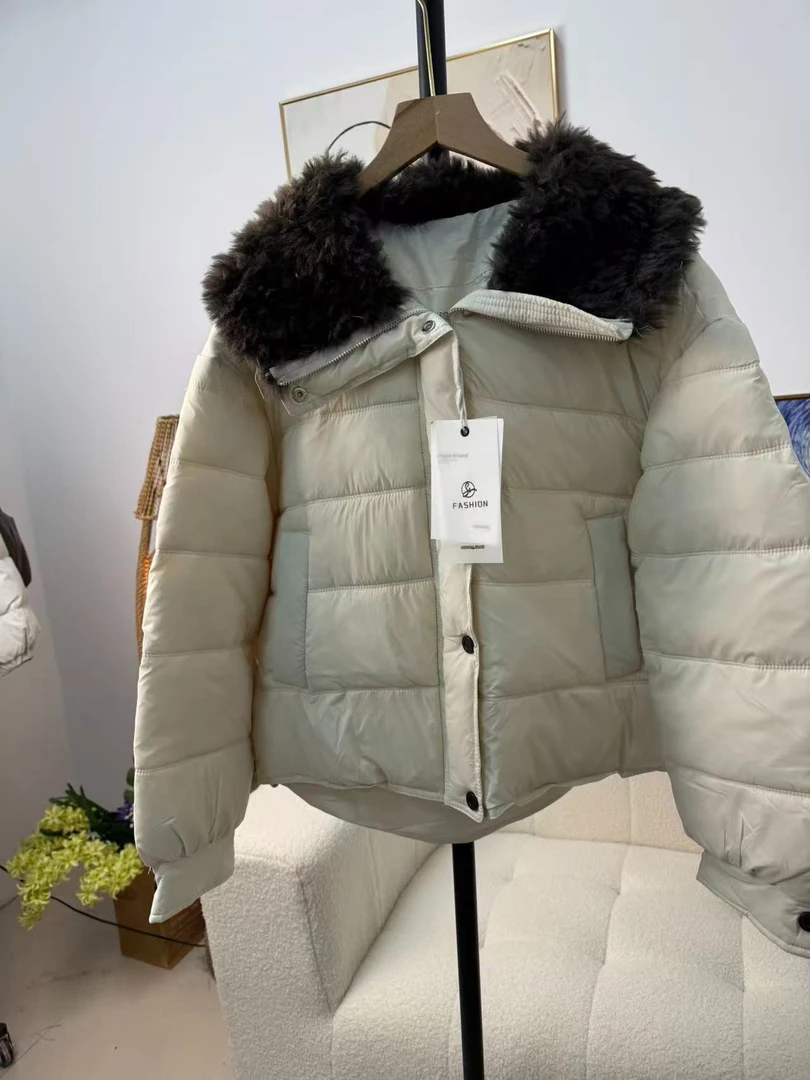 403区92597白色短款翻领宽松型女款冬季韩版棉服